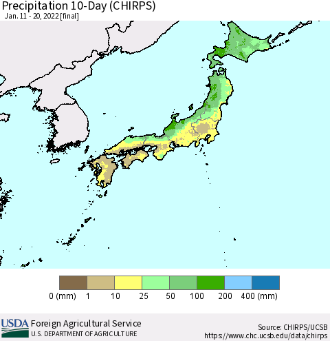 Japan Precipitation 10-Day (CHIRPS) Thematic Map For 1/11/2022 - 1/20/2022