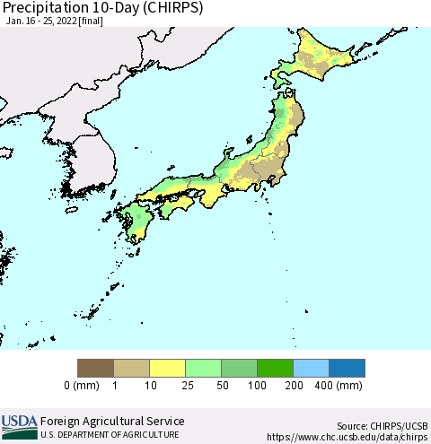Japan Precipitation 10-Day (CHIRPS) Thematic Map For 1/16/2022 - 1/25/2022