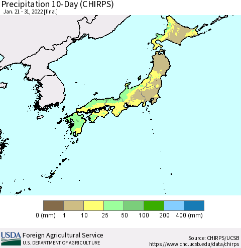 Japan Precipitation 10-Day (CHIRPS) Thematic Map For 1/21/2022 - 1/31/2022