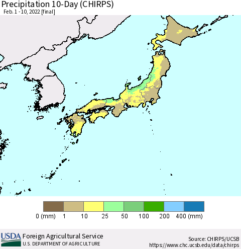 Japan Precipitation 10-Day (CHIRPS) Thematic Map For 2/1/2022 - 2/10/2022