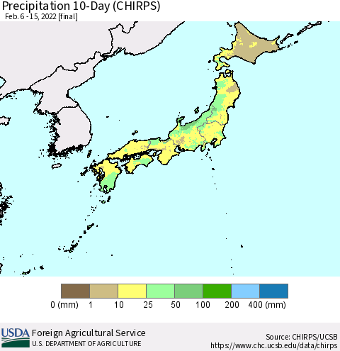 Japan Precipitation 10-Day (CHIRPS) Thematic Map For 2/6/2022 - 2/15/2022