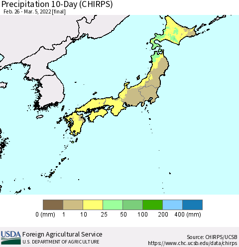 Japan Precipitation 10-Day (CHIRPS) Thematic Map For 2/26/2022 - 3/5/2022