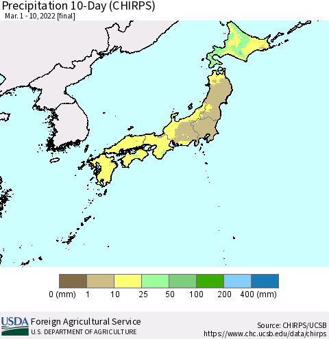 Japan Precipitation 10-Day (CHIRPS) Thematic Map For 3/1/2022 - 3/10/2022