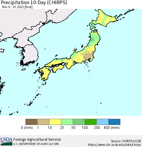 Japan Precipitation 10-Day (CHIRPS) Thematic Map For 3/6/2022 - 3/15/2022
