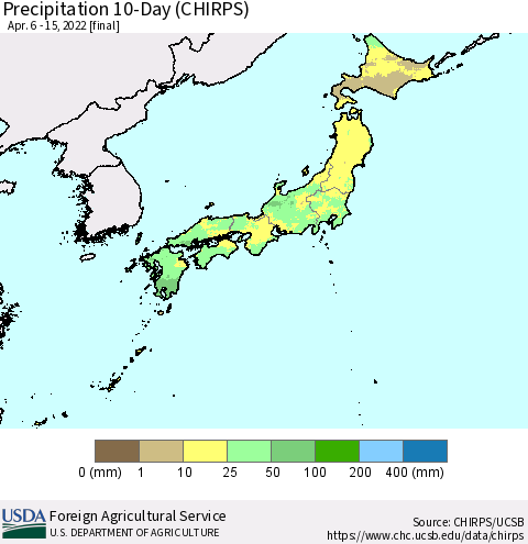 Japan Precipitation 10-Day (CHIRPS) Thematic Map For 4/6/2022 - 4/15/2022