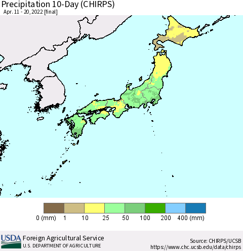 Japan Precipitation 10-Day (CHIRPS) Thematic Map For 4/11/2022 - 4/20/2022