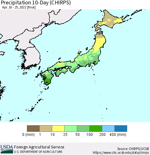 Japan Precipitation 10-Day (CHIRPS) Thematic Map For 4/16/2022 - 4/25/2022
