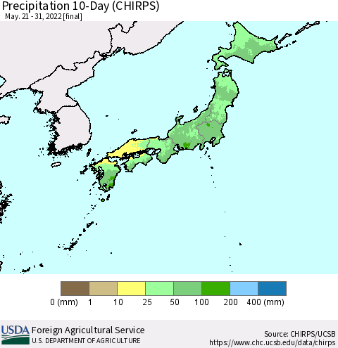 Japan Precipitation 10-Day (CHIRPS) Thematic Map For 5/21/2022 - 5/31/2022