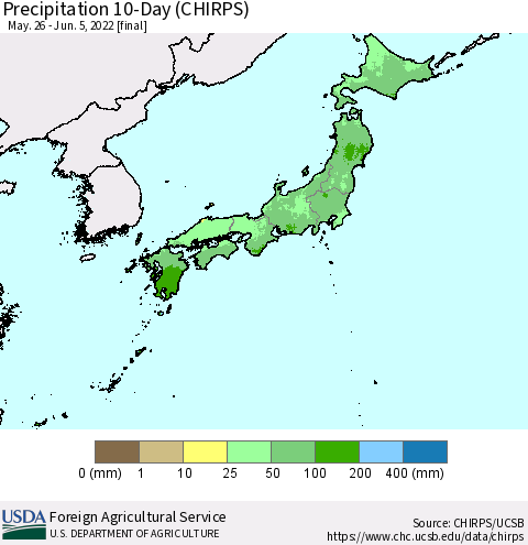 Japan Precipitation 10-Day (CHIRPS) Thematic Map For 5/26/2022 - 6/5/2022