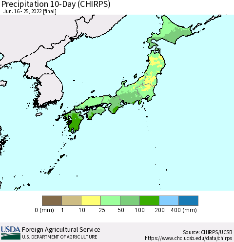 Japan Precipitation 10-Day (CHIRPS) Thematic Map For 6/16/2022 - 6/25/2022
