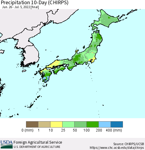 Japan Precipitation 10-Day (CHIRPS) Thematic Map For 6/26/2022 - 7/5/2022