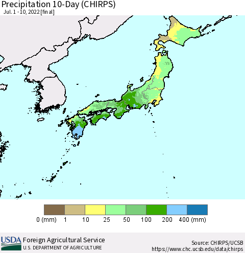 Japan Precipitation 10-Day (CHIRPS) Thematic Map For 7/1/2022 - 7/10/2022
