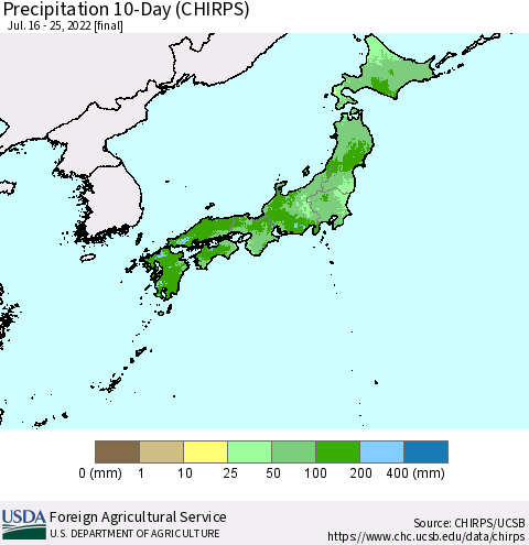 Japan Precipitation 10-Day (CHIRPS) Thematic Map For 7/16/2022 - 7/25/2022