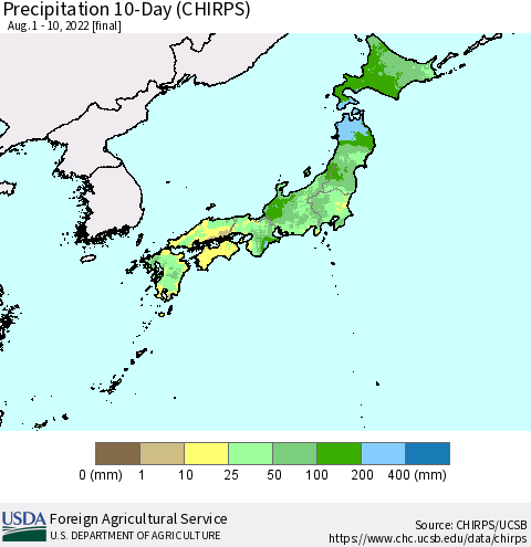 Japan Precipitation 10-Day (CHIRPS) Thematic Map For 8/1/2022 - 8/10/2022