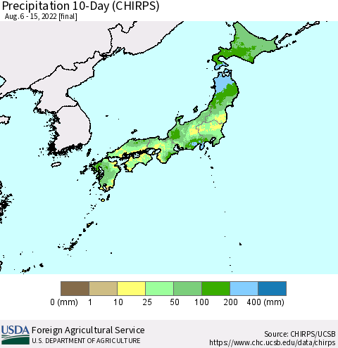 Japan Precipitation 10-Day (CHIRPS) Thematic Map For 8/6/2022 - 8/15/2022