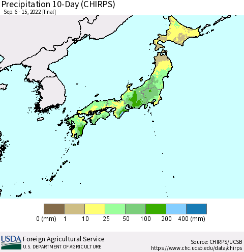 Japan Precipitation 10-Day (CHIRPS) Thematic Map For 9/6/2022 - 9/15/2022