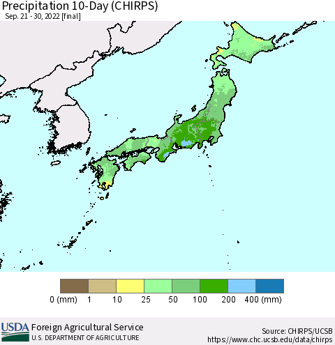 Japan Precipitation 10-Day (CHIRPS) Thematic Map For 9/21/2022 - 9/30/2022