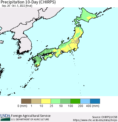 Japan Precipitation 10-Day (CHIRPS) Thematic Map For 9/26/2022 - 10/5/2022