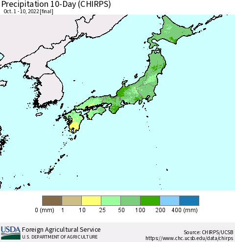 Japan Precipitation 10-Day (CHIRPS) Thematic Map For 10/1/2022 - 10/10/2022