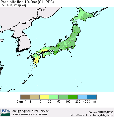 Japan Precipitation 10-Day (CHIRPS) Thematic Map For 10/6/2022 - 10/15/2022