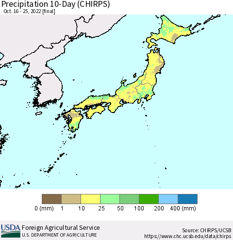 Japan Precipitation 10-Day (CHIRPS) Thematic Map For 10/16/2022 - 10/25/2022