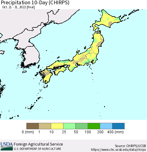Japan Precipitation 10-Day (CHIRPS) Thematic Map For 10/21/2022 - 10/31/2022