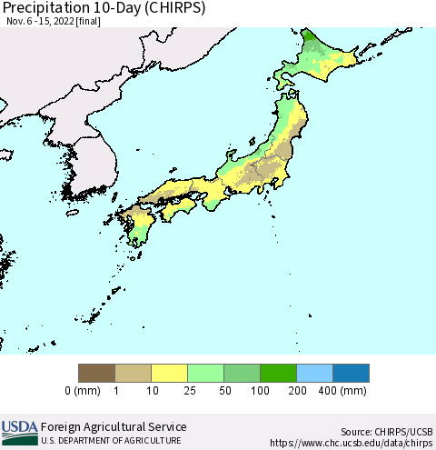 Japan Precipitation 10-Day (CHIRPS) Thematic Map For 11/6/2022 - 11/15/2022