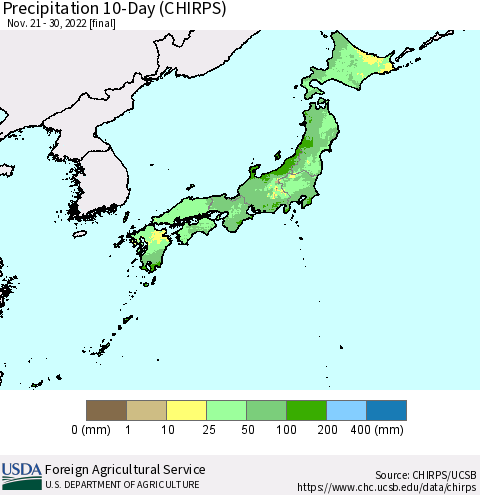 Japan Precipitation 10-Day (CHIRPS) Thematic Map For 11/21/2022 - 11/30/2022