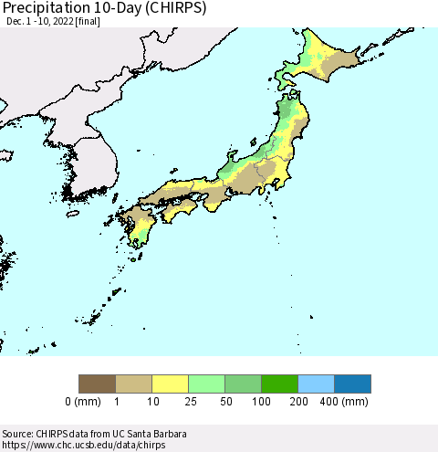 Japan Precipitation 10-Day (CHIRPS) Thematic Map For 12/1/2022 - 12/10/2022