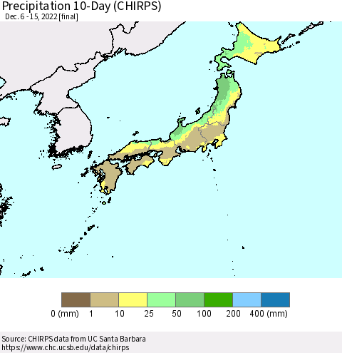 Japan Precipitation 10-Day (CHIRPS) Thematic Map For 12/6/2022 - 12/15/2022