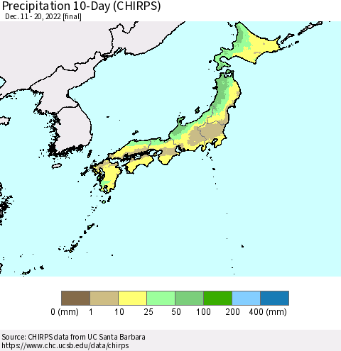Japan Precipitation 10-Day (CHIRPS) Thematic Map For 12/11/2022 - 12/20/2022