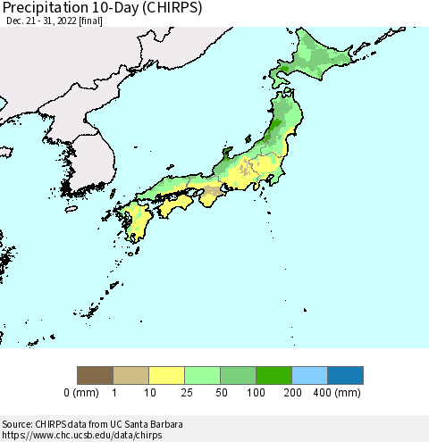 Japan Precipitation 10-Day (CHIRPS) Thematic Map For 12/21/2022 - 12/31/2022