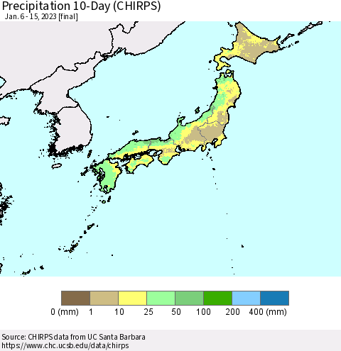 Japan Precipitation 10-Day (CHIRPS) Thematic Map For 1/6/2023 - 1/15/2023