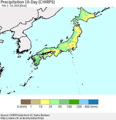 Japan Precipitation 10-Day (CHIRPS) Thematic Map For 2/1/2023 - 2/10/2023