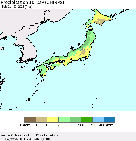 Japan Precipitation 10-Day (CHIRPS) Thematic Map For 2/11/2023 - 2/20/2023