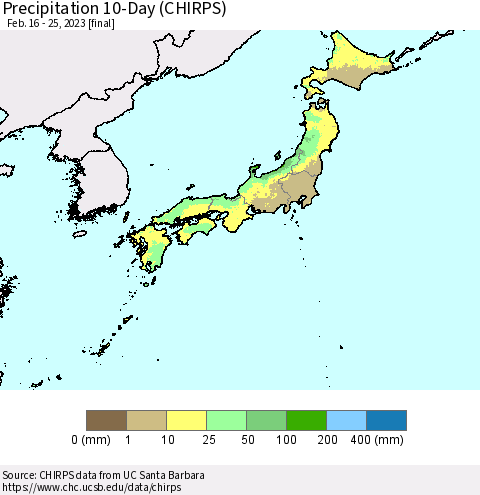 Japan Precipitation 10-Day (CHIRPS) Thematic Map For 2/16/2023 - 2/25/2023