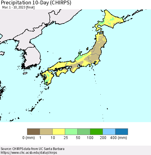Japan Precipitation 10-Day (CHIRPS) Thematic Map For 3/1/2023 - 3/10/2023