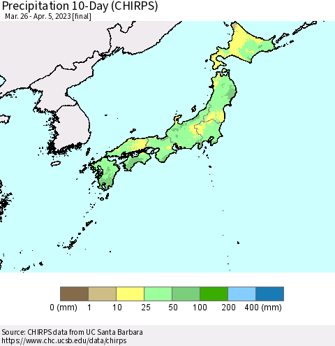 Japan Precipitation 10-Day (CHIRPS) Thematic Map For 3/26/2023 - 4/5/2023