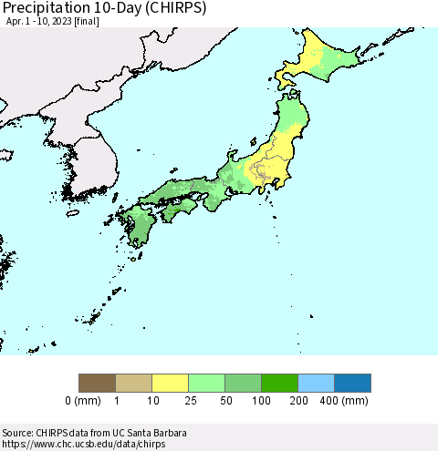 Japan Precipitation 10-Day (CHIRPS) Thematic Map For 4/1/2023 - 4/10/2023
