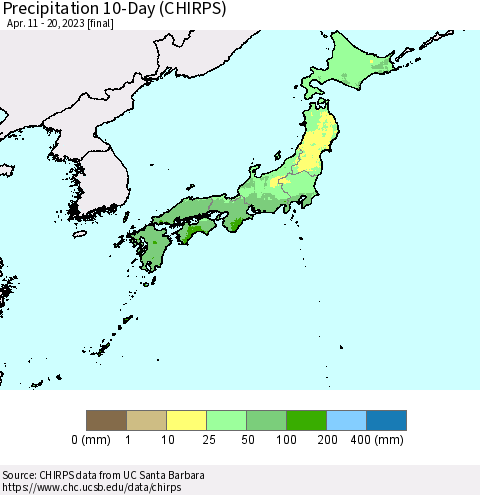 Japan Precipitation 10-Day (CHIRPS) Thematic Map For 4/11/2023 - 4/20/2023