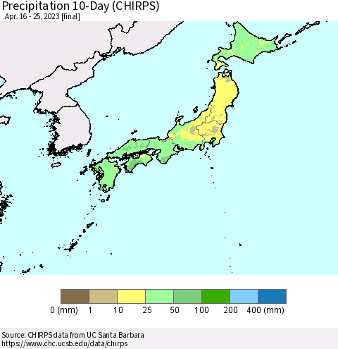 Japan Precipitation 10-Day (CHIRPS) Thematic Map For 4/16/2023 - 4/25/2023
