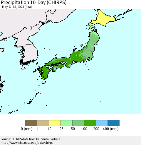 Japan Precipitation 10-Day (CHIRPS) Thematic Map For 5/6/2023 - 5/15/2023