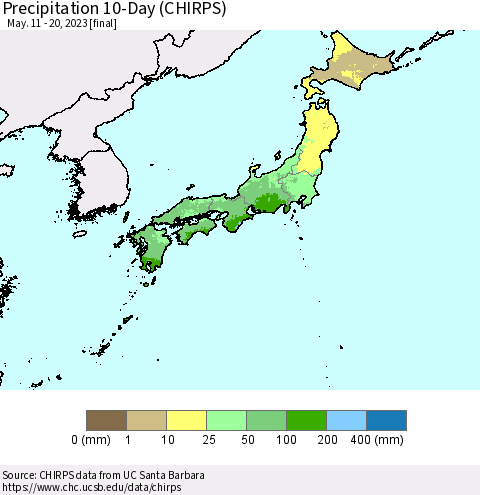 Japan Precipitation 10-Day (CHIRPS) Thematic Map For 5/11/2023 - 5/20/2023