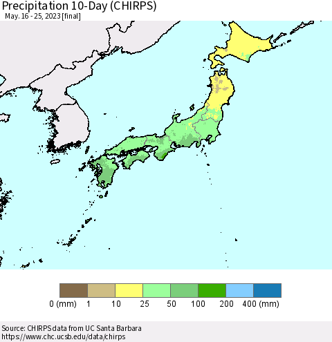 Japan Precipitation 10-Day (CHIRPS) Thematic Map For 5/16/2023 - 5/25/2023