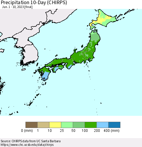 Japan Precipitation 10-Day (CHIRPS) Thematic Map For 6/1/2023 - 6/10/2023