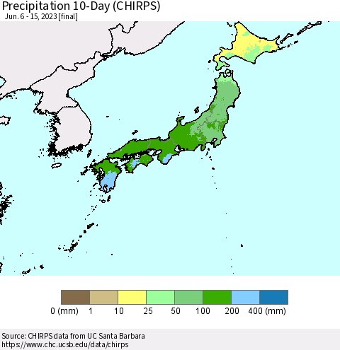 Japan Precipitation 10-Day (CHIRPS) Thematic Map For 6/6/2023 - 6/15/2023