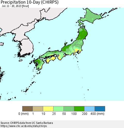 Japan Precipitation 10-Day (CHIRPS) Thematic Map For 7/11/2023 - 7/20/2023