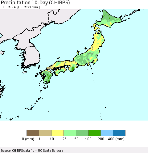Japan Precipitation 10-Day (CHIRPS) Thematic Map For 7/26/2023 - 8/5/2023