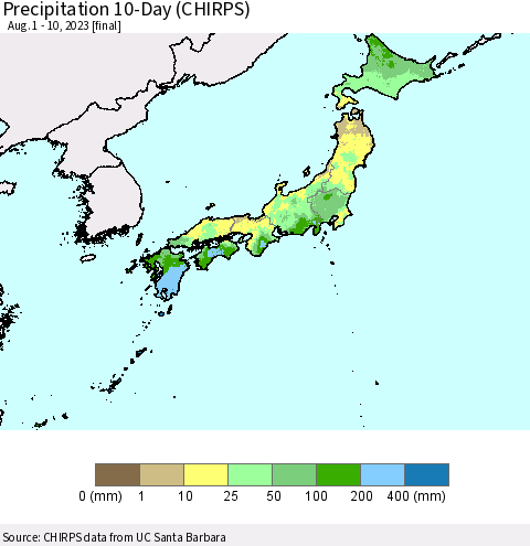 Japan Precipitation 10-Day (CHIRPS) Thematic Map For 8/1/2023 - 8/10/2023