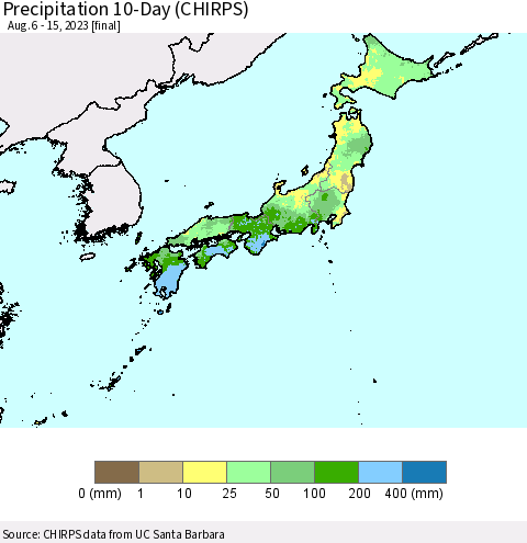 Japan Precipitation 10-Day (CHIRPS) Thematic Map For 8/6/2023 - 8/15/2023